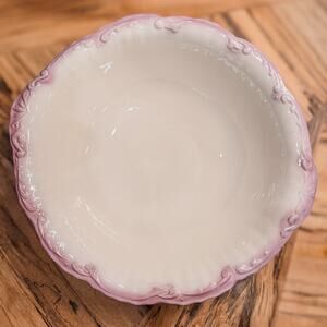 Vintage Victorian Style Glazed White Porcelain Wash Basin w Gorgeous Purple Rim